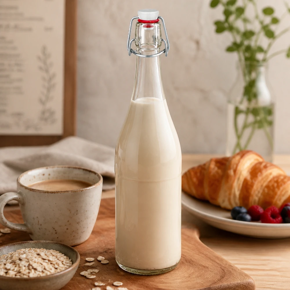 Bouteille en verre de 750 ml + bouchon mécanique en PVC UNiTWIST 750ml Bouteille en verre avec bouchon à étrier remplie de lait Scène de cuisine Petit déjeuner Croissant Flocons d'avoine naturels