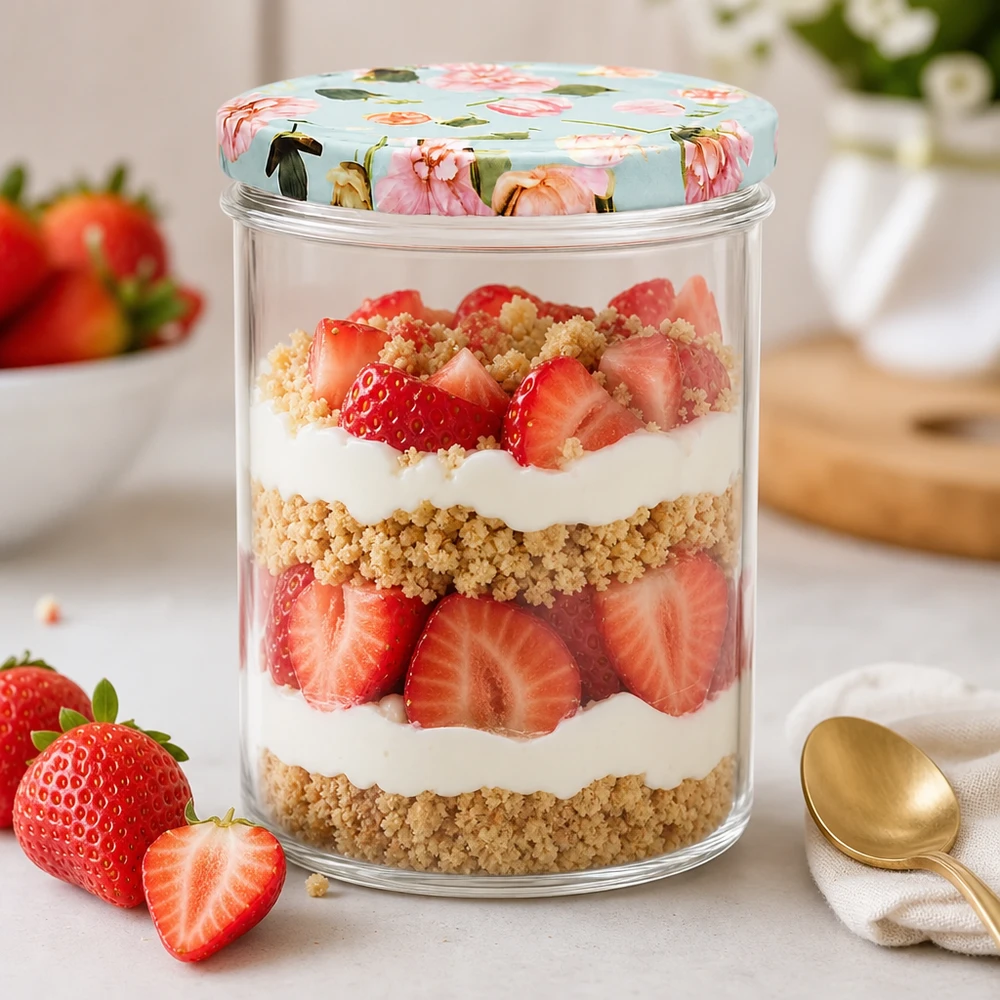 Verres de 435 ml + couvercle BasicSeal fleur menthe UNiTWIST 435ml Verre renversé BasicSeal Couvercle Fleur menthe Dessert Stratifié Fraise Crème Crumble Verre à dessert