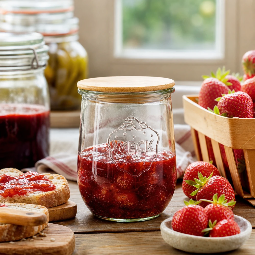 1062ml bocal tulipe WECK RR100 avec couvercle en bois WECK Pot tulipe RR100 1062ml avec couvercle en bois rempli de confiture de fraises sur table de cuisine avec fraises fraîches