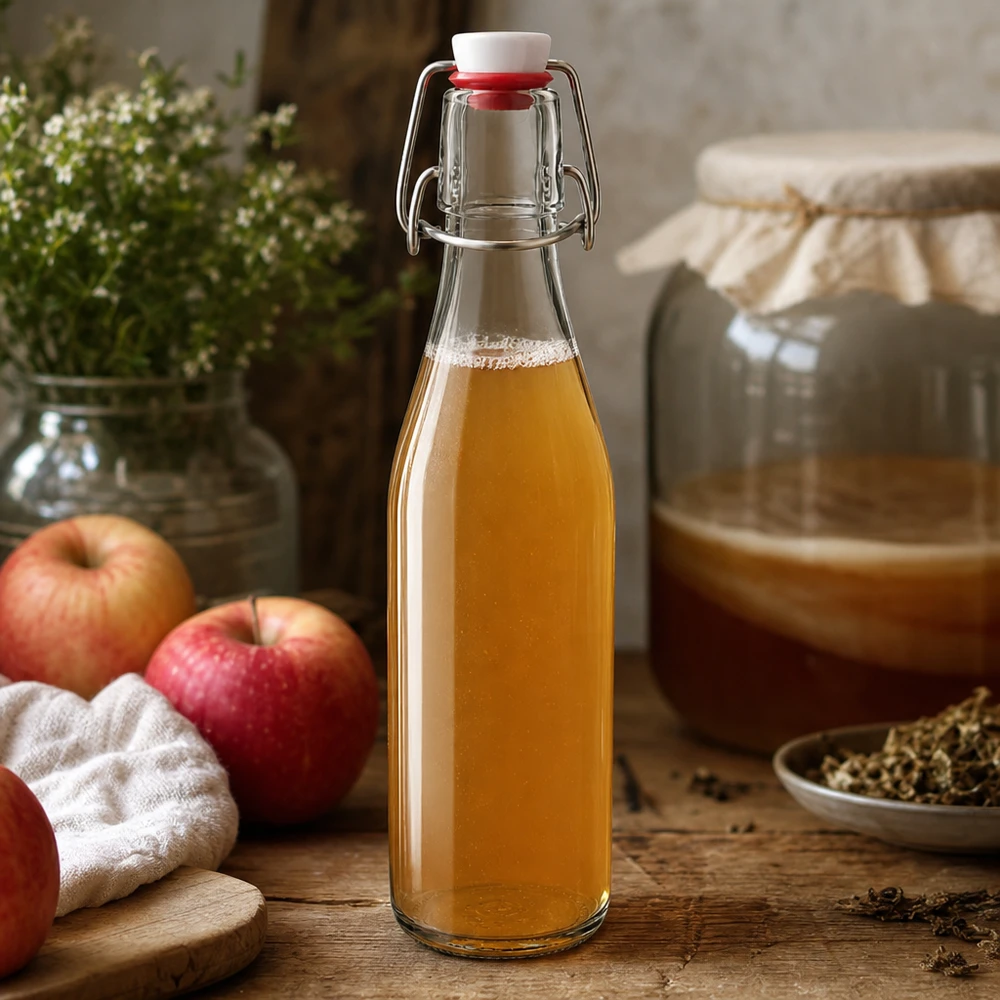 Bouteille en verre de 250 ml + bouchon mécanique PVC UNiTWIST Bouteille en verre de 250 ml avec bouchon à étrier remplie de vinaigre de cidre, scène de cuisine rustique avec des pommes rouges et des épices