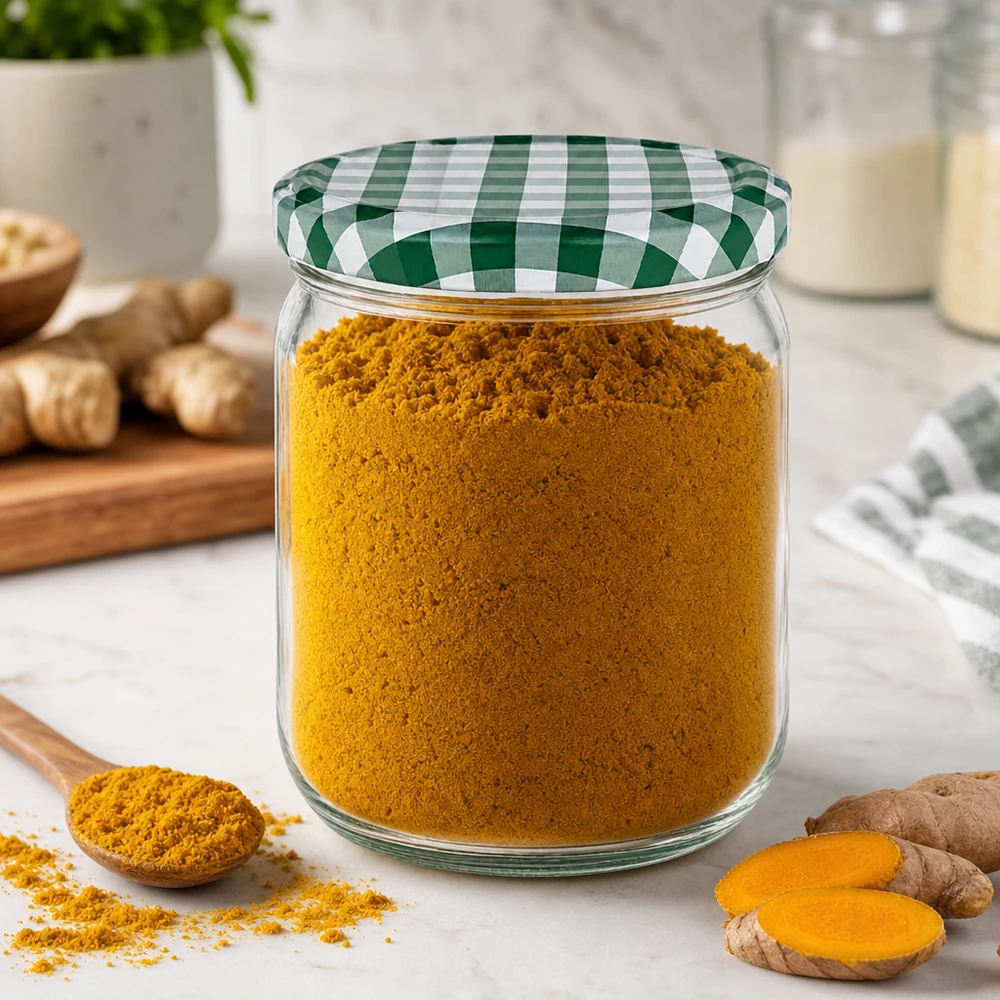 Bocal rond de 425 ml avec couvercle à carreaux verts rempli de poudre de curcuma à côté de racine de curcuma fraîche dans la cuisine
