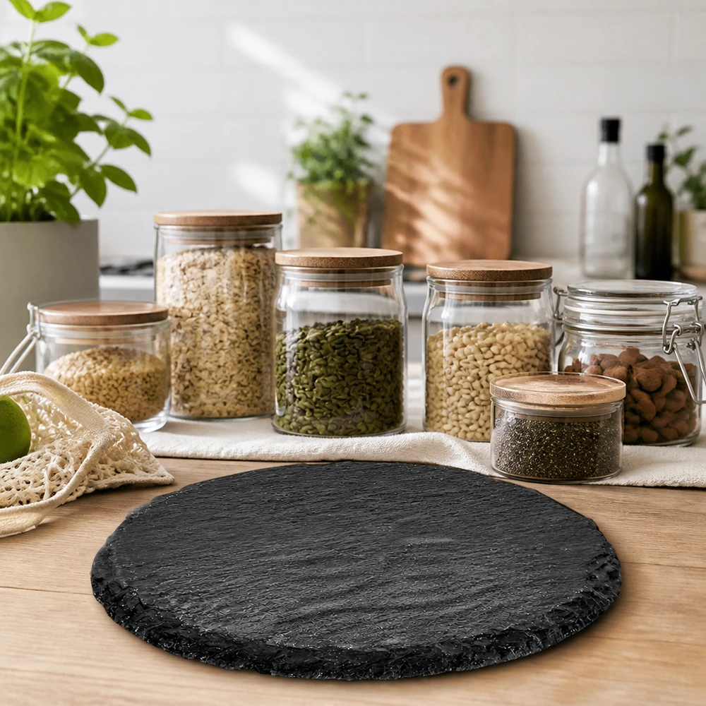 Ardoise ronde 150mm sur table en bois dans une cuisine durable zéro déchet avec des bocaux de stockage et des herbes aromatiques