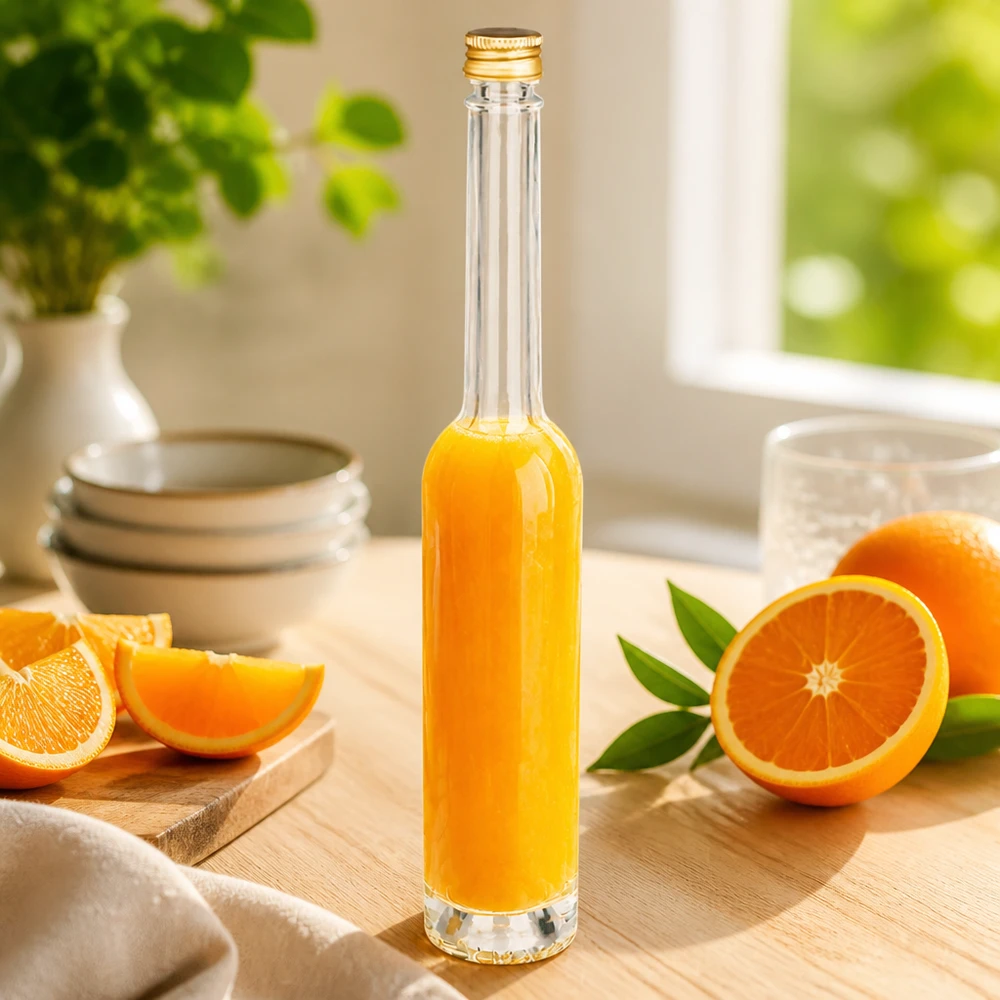 Bouteille en verre Toni de 100 ml remplie de jus d'orange - bouchon à vis doré UNiTWIST dans un décor de cuisine avec des oranges fraîches