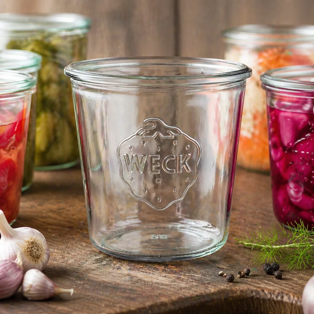 580ml bocal conique WECK RR100 Pot de 580ml WECK RR100 vide avec logo sur table en bois à côté de bocaux colorés avec légumes et ail