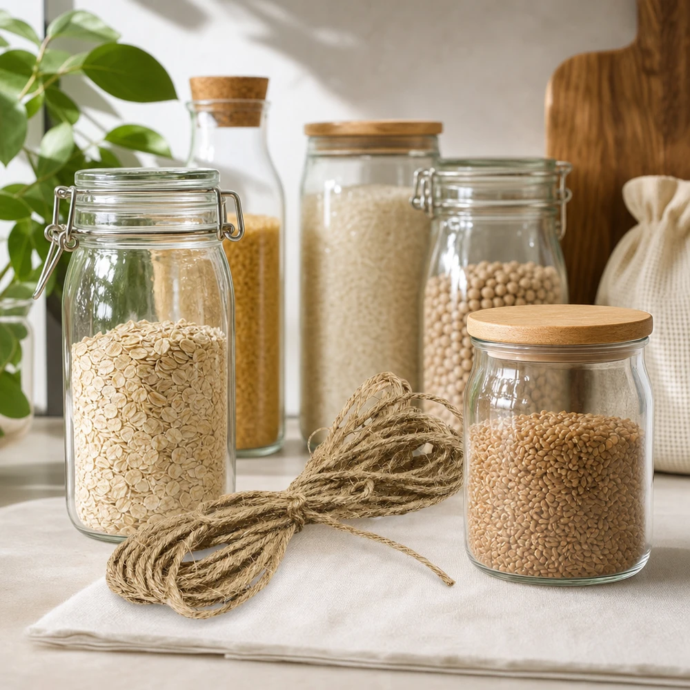 Cordon naturel pour la décoration, 300 cm de long Corde naturelle de jute 300cm entre des bocaux de stockage avec des céréales et des légumineuses décorés sur le plan de travail de la cuisine