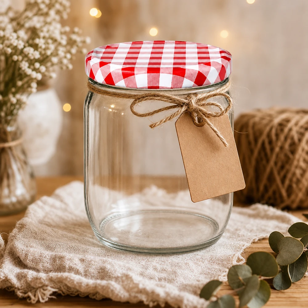 425ml verre rond avec couvercle BasicSeal à carreaux rouges et blancs, étiquette cadeau et ficelle de jute, présentation décorative