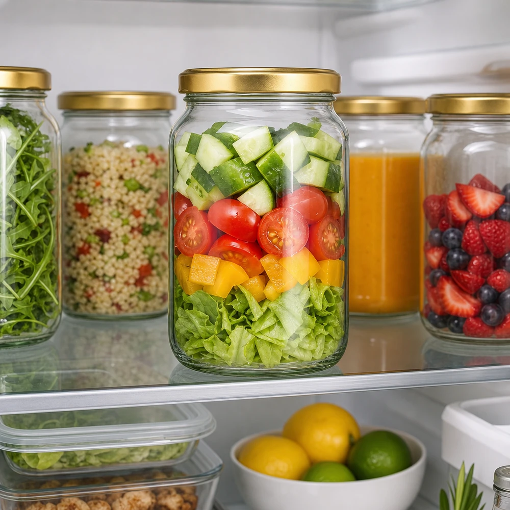 1700ml bocal rond avec couvercle doré BasicSeal dans le réfrigérateur montre Meal Prep avec salade et stockage sain