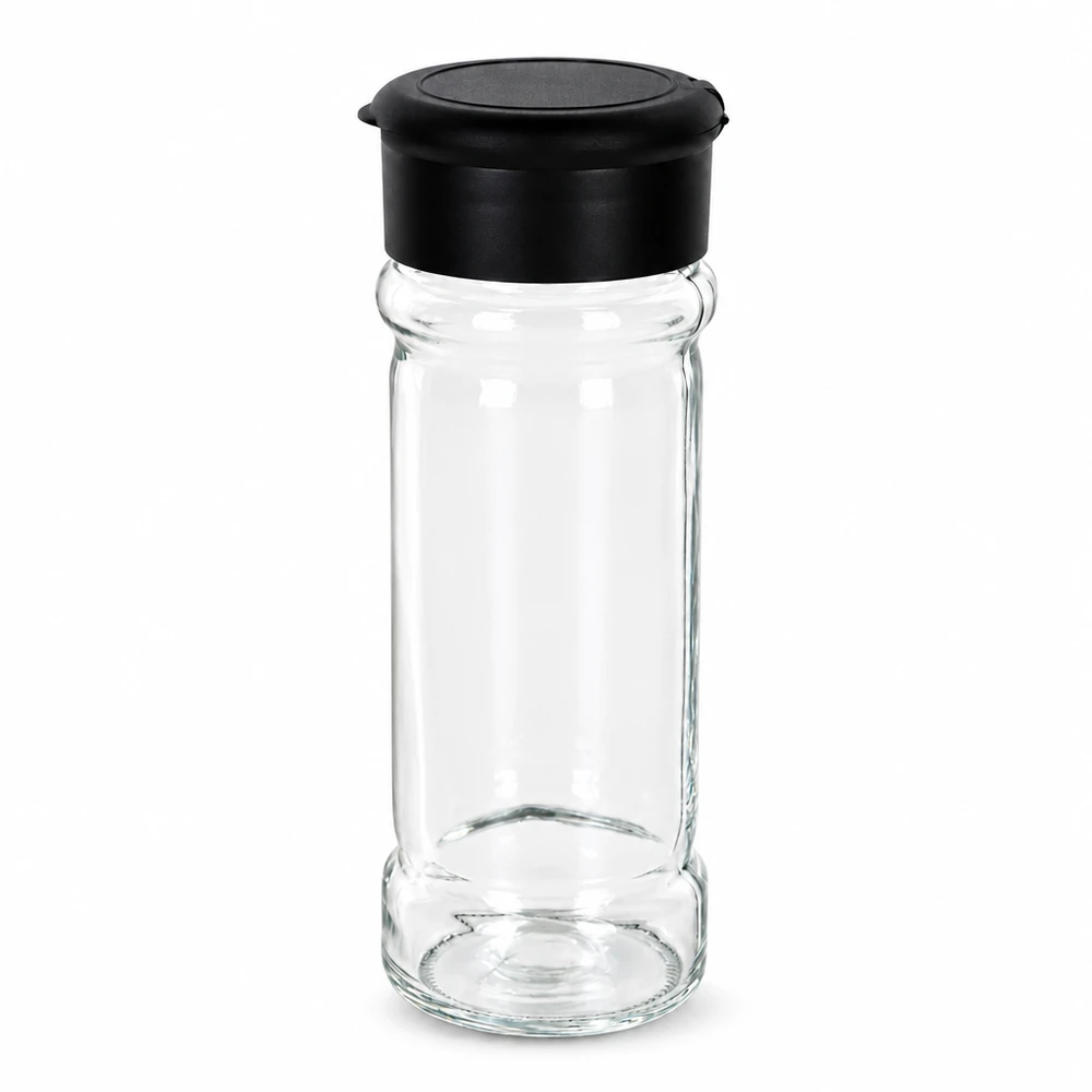Pot à épices cylindrique en verre transparent de 100 ml, muni d'un couvercle saupoudreur en plastique noir s'ouvrant par le haut