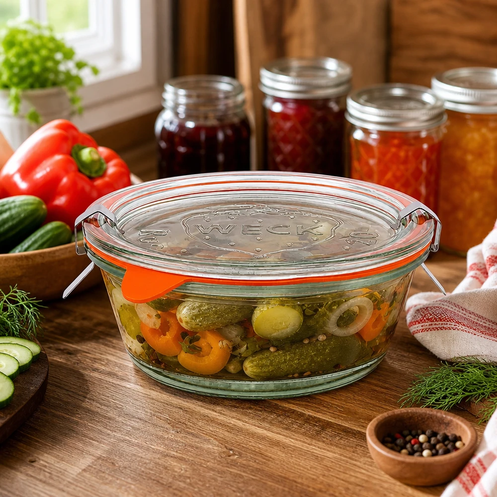 WECK 300ml pot gourmet RR120 dans la cuisine avec des légumes marinés, bocaux en arrière-plan, atmosphère de cuisine