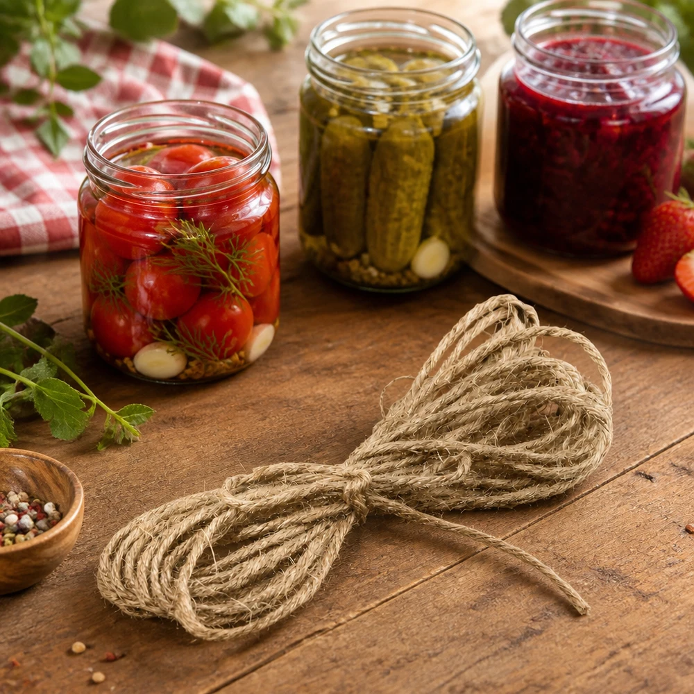 Cordon naturel pour la décoration, 300 cm de long Corde naturelle en jute 300cm posée de manière décorative à côté de bocaux de légumes sur une table en bois rustique