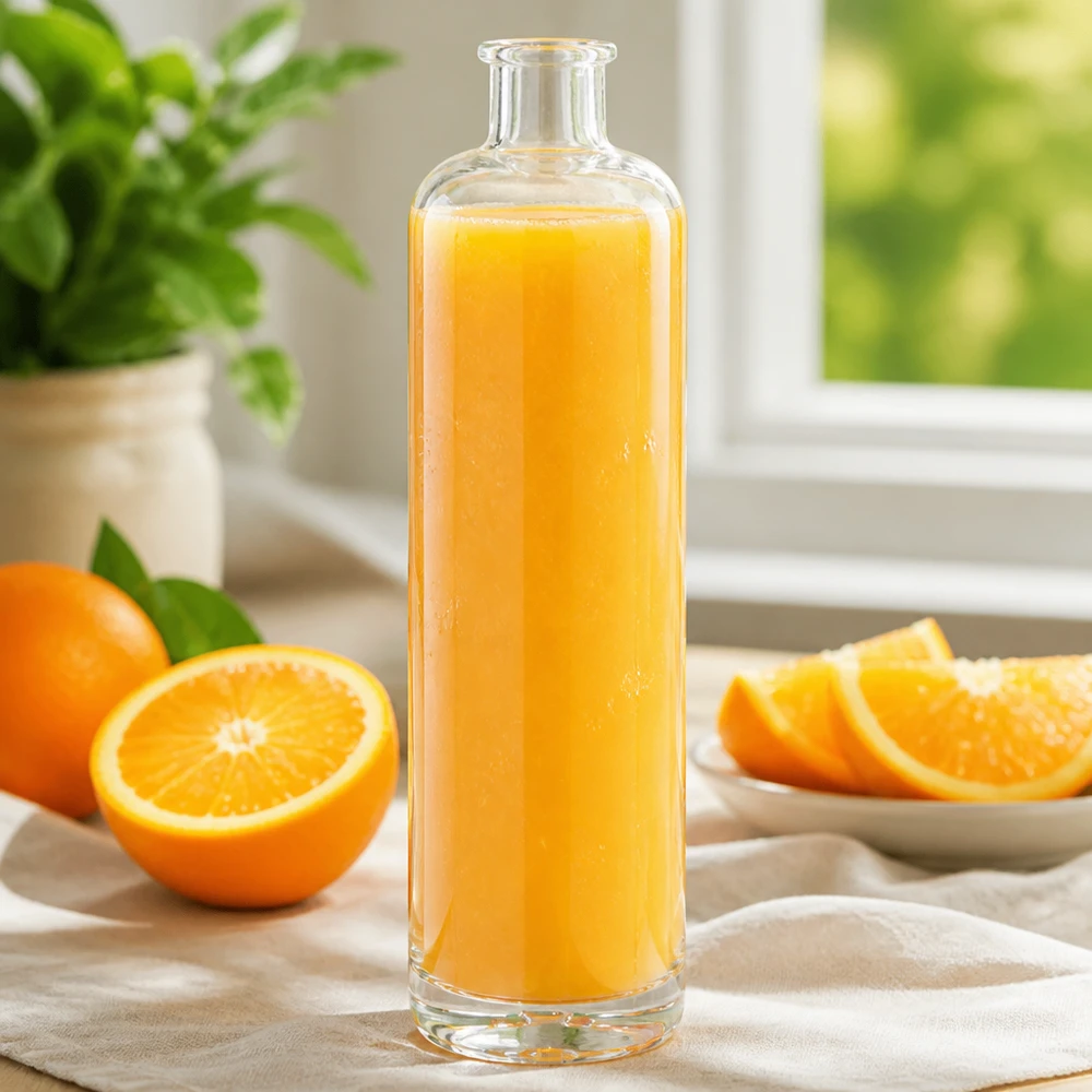 Bouteille en verre Ella de 700 ml remplie de jus d'orange frais à côté de tranches d'orange sur une table de cuisine claire avec une décoration végétale