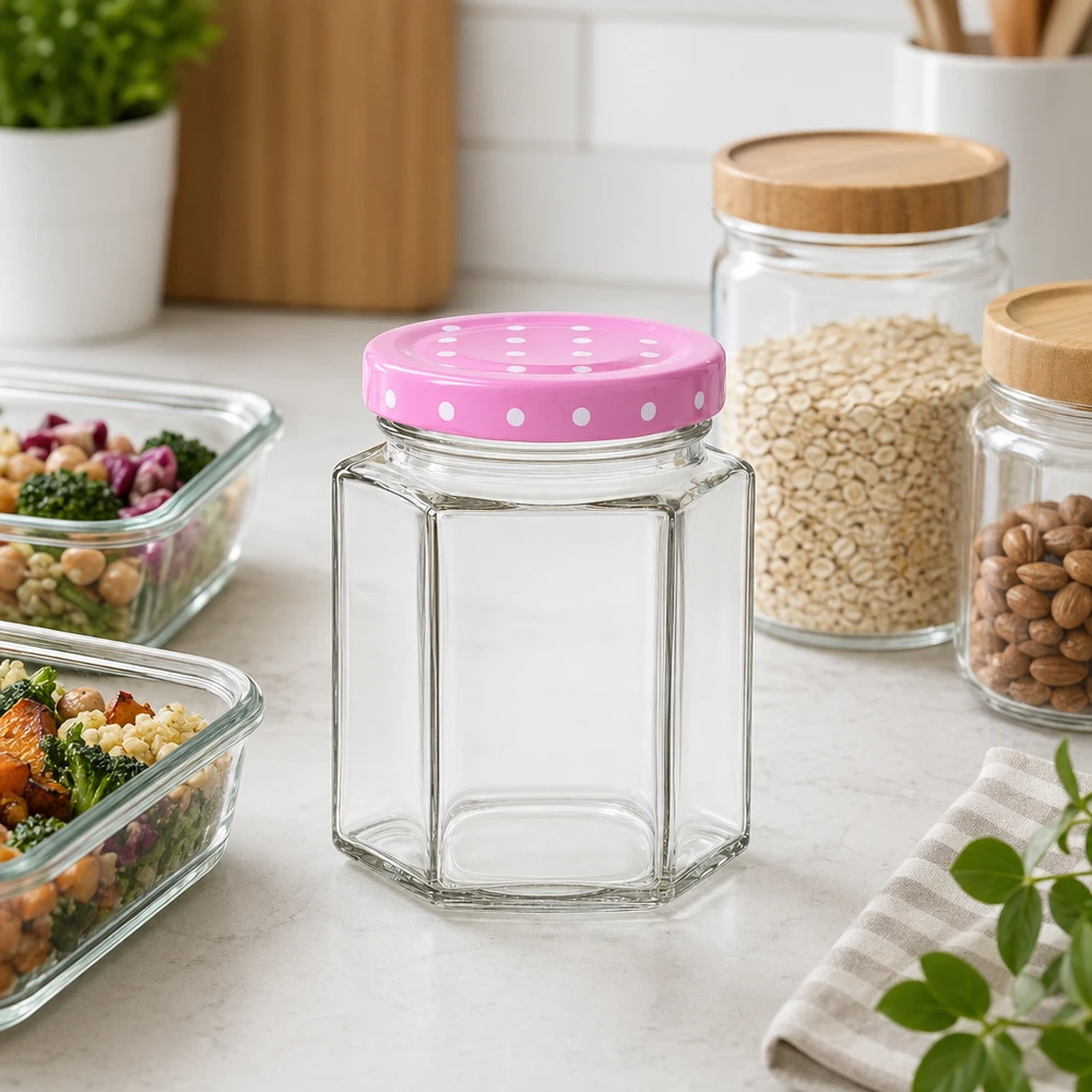196ml Hexaglas rose couvercle à points dans la cuisine moderne montre le stockage pratique à côté de récipients Meal-Prep et de bocaux de stockage.