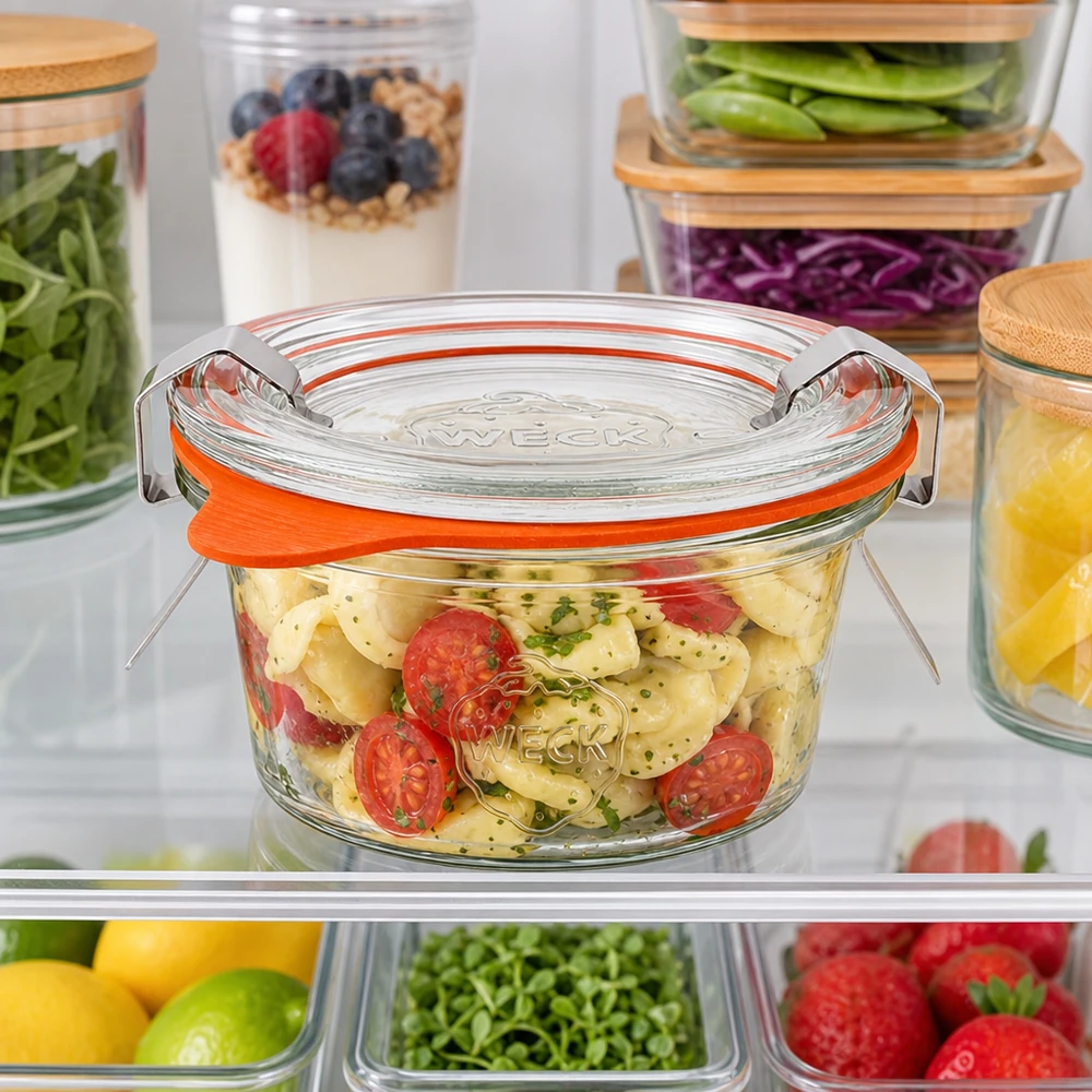 50ml bocal conique complet WECK RR60 WECK Pot renversé de 50ml RR60 au réfrigérateur rempli de salade de pâtes parmi d'autres récipients alimentaires pour la conservation
