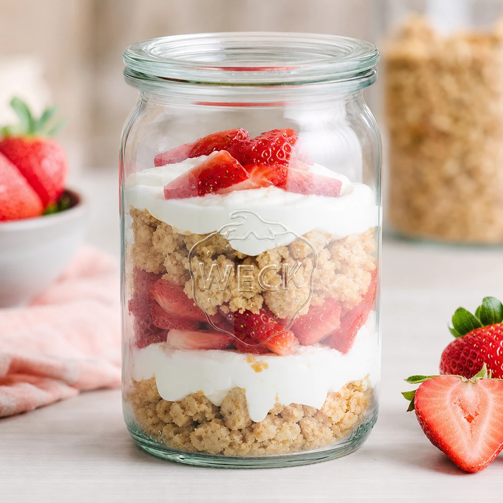 145ml bocal cylindrique avec bouchon en verre WECK RR40 WECK 145ml verre cylindrique RR40 comme verre à dessert avec fraises et crème dessert en couches sur un plan de travail de cuisine blanc