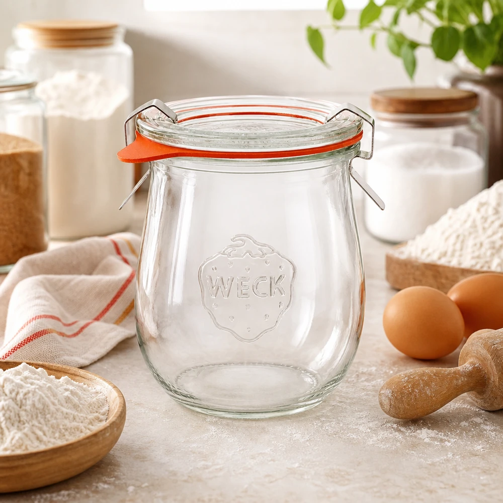 220ml bocal tulipe complet WECK RR60 WECK Pot tulipe 220ml RR60 dans le fournil avec farine oeufs et ustensiles de cuisine Pot de conservation pour ingrédients de pâtisserie