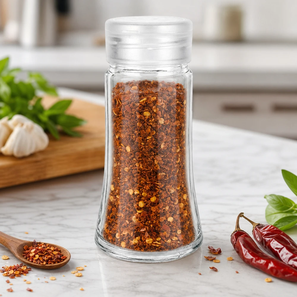 Pot à épices transparent de 95 ml avec couvercle saupoudreur blanc, rempli de flocons de piment, sur un plan de travail en marbre