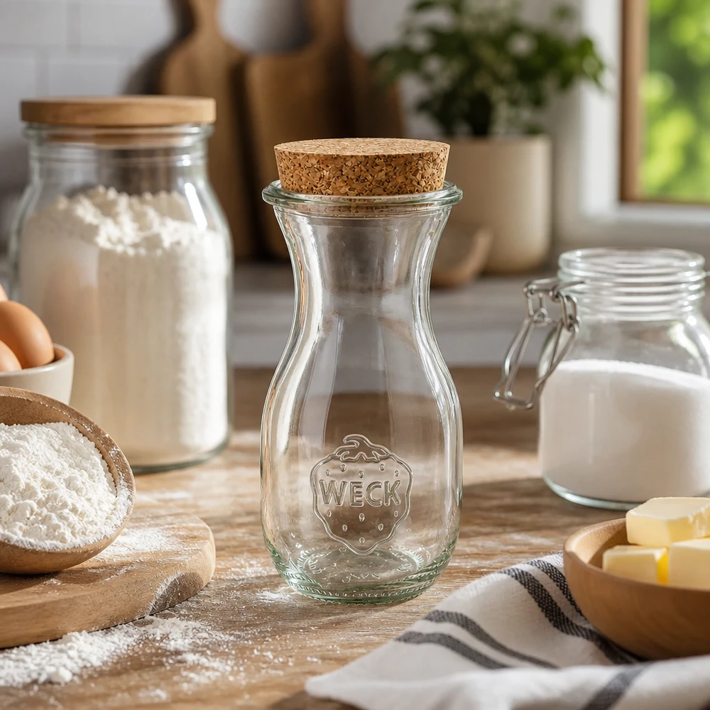 290ml Bouteille à jus de fruits WECK RR60 avec bouchon nature WECK Bouteille de jus 290ml RR60 vide dans la cuisine entourée d'ingrédients de cuisson farine lait beurre sur planche en bois style campagnard