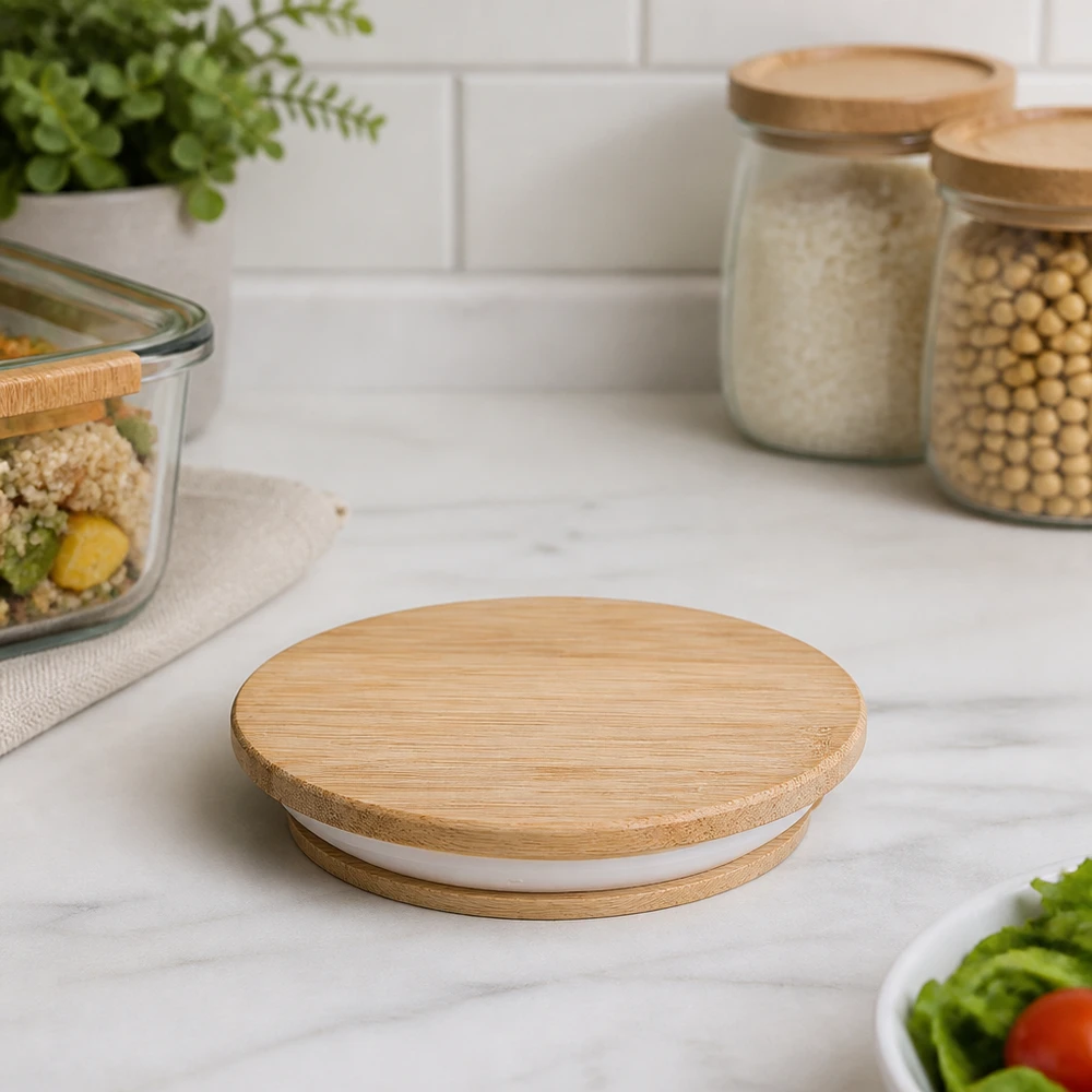 WECK Couvercle en bois RR80 sur plan de travail en marbre avec bocaux à provisions et récipients Meal-Prep dans une cuisine moderne