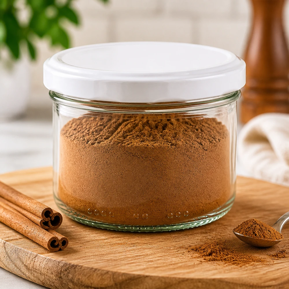 Pot cylindrique de 230 ml avec couvercle BioSeal blanc rempli de cannelle en poudre sur planche en bois avec bâtons de cannelle