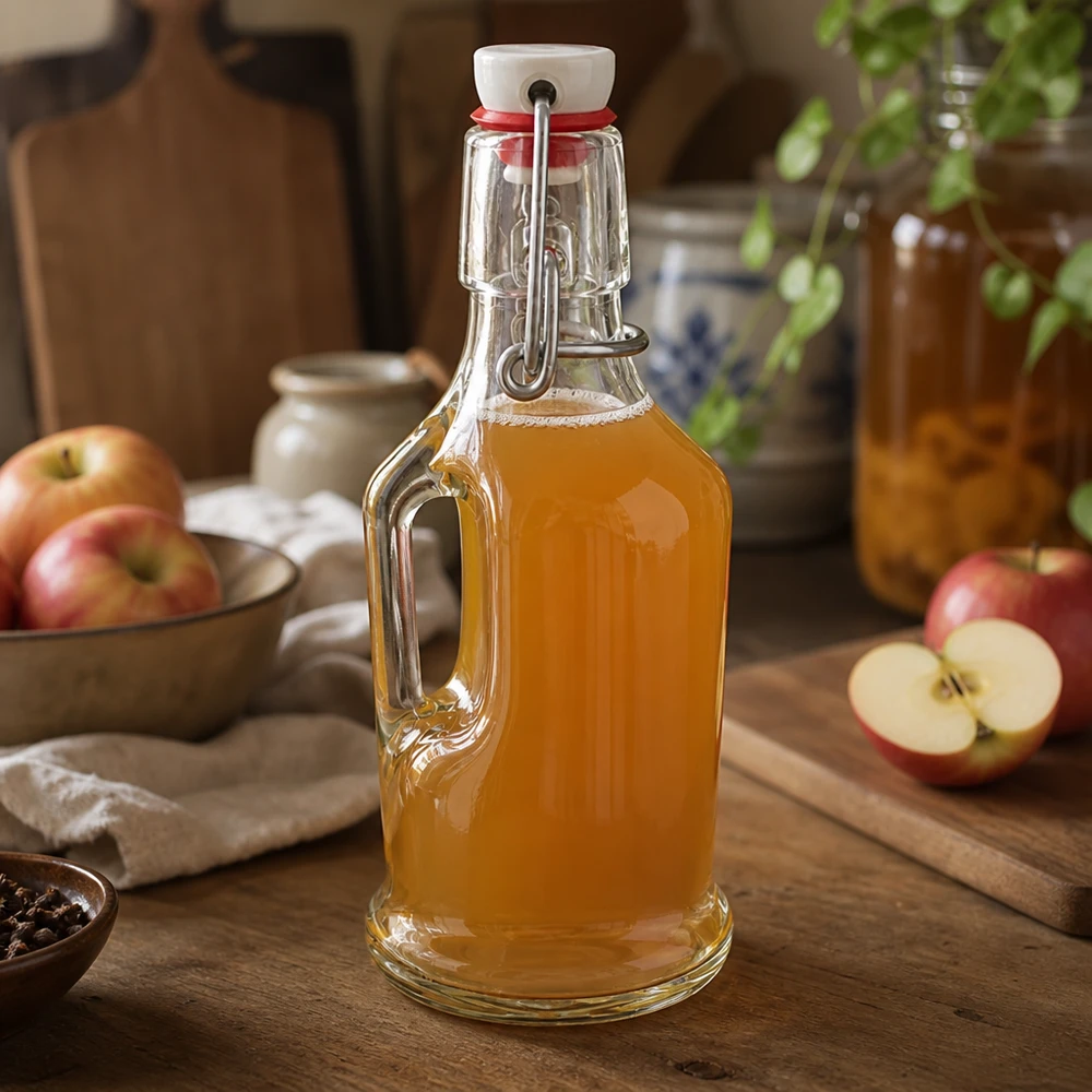 Bouteille en verre Bertha 200ml remplie de jus de pomme, fermeture à étrier UNiTWIST, scène de cuisine rustique avec des pommes fraîches