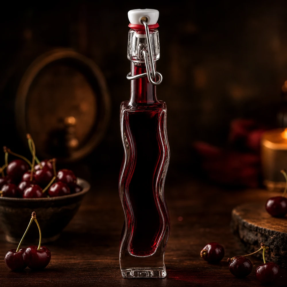Flacon en verre « Fila » 40 ml avec bouchon en PVC UNiTWIST® Bouteille en verre Anna de 40 ml contenant du liquide de cerise rouge foncé dans une ambiance de cave à vin rustique avec des cerises fraîches.