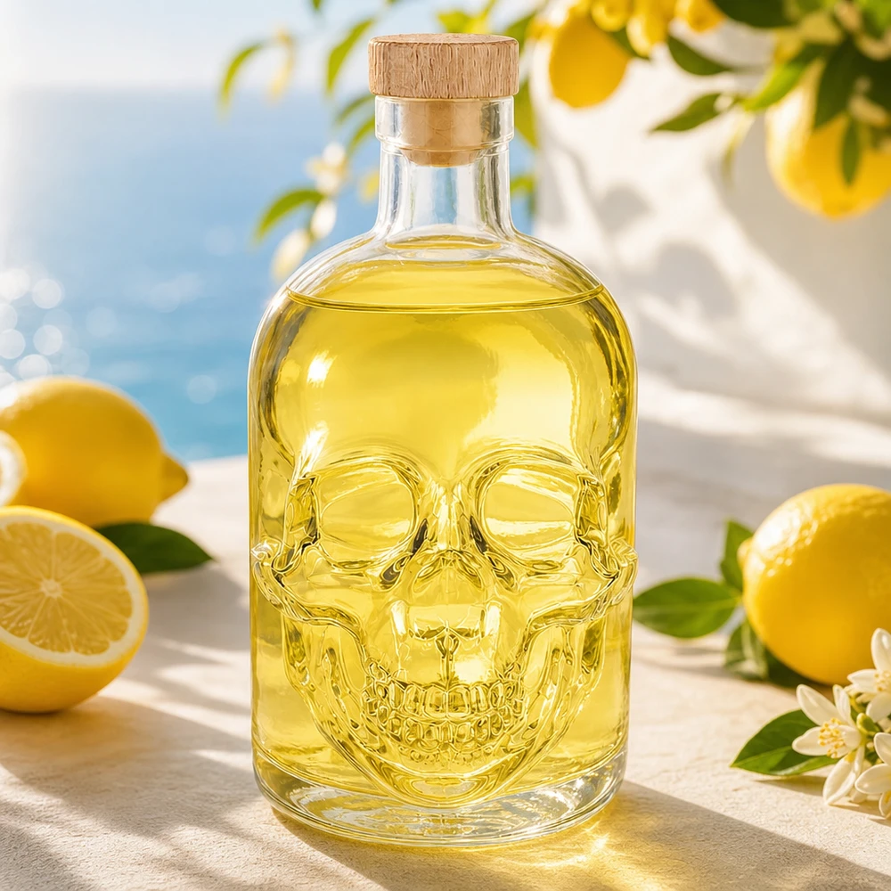Bouteille en verre 500ml tête de mort avec contenu jaune et bouchon en liège, bouteille de spiritueux décorative Jack Design