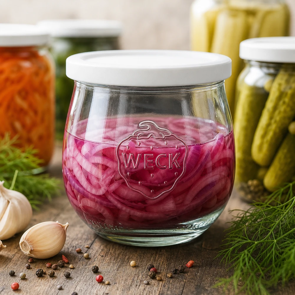 Bocal tulipe de 370 ml avec couvercle hermétique WECK RR80 WECK Pot tulipe 370ml RR80 avec chou rouge mariné à côté de l'ail, grains de poivre et autres bocaux de conservation