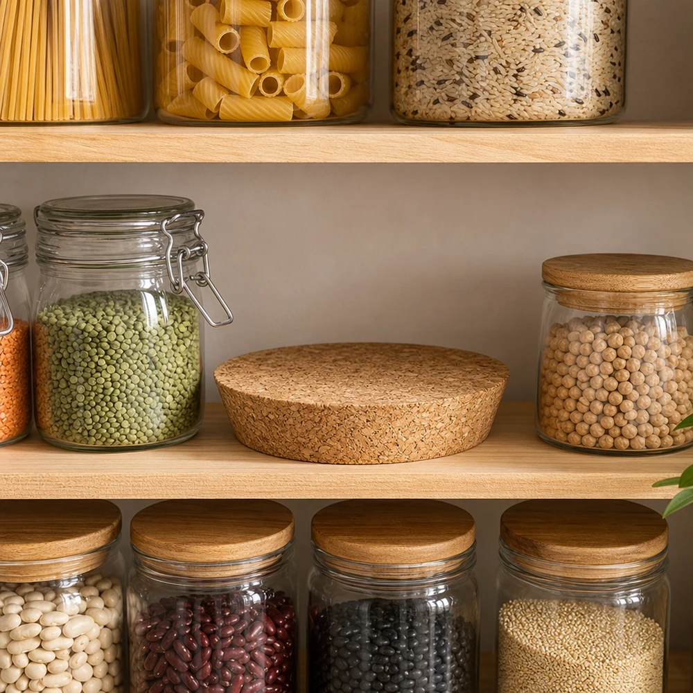 Bouchon naturel pour WECK RR100 (ø97/90, hauteur 20mm) WECK Bouchons RR100 94mm dans étagère de stockage organisée avec légumes secs pâtes conservation durable de la cuisine