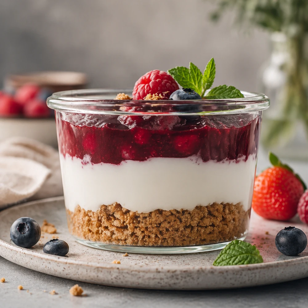 Bocal WECK RR40 de 35 ml WECK Verre renversé 35 ml avec dessert à couches composé d'un fond de biscuit, de crème blanche et de compote de baies garnie de menthe