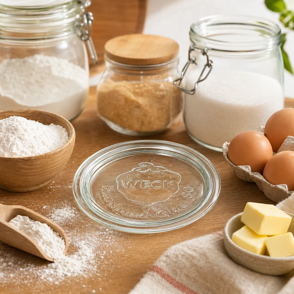 Couvercle en verre WECK RR80 WECK Couvercle en verre RR80 au milieu d'ingrédients de cuisson comme la farine, les œufs, le beurre et le lait dans une cuisine rustique sur une table en bois