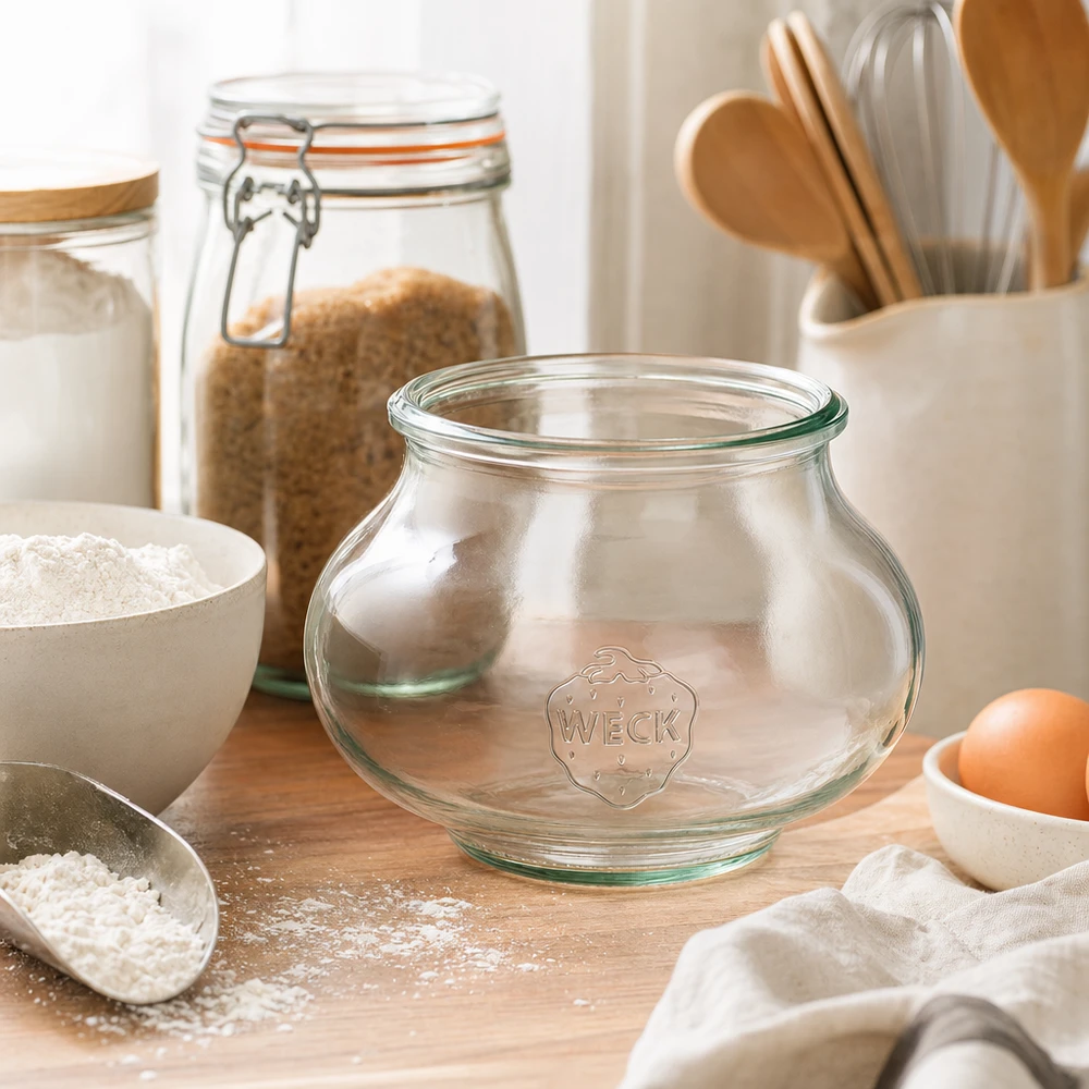 Bocal décoratif WECK RR80 de 560 ml WECK Verre à bijoux 560ml RR80 Verre vide dans une scène de cuisine avec des ingrédients de boulangerie farine oeufs et ustensiles en bois