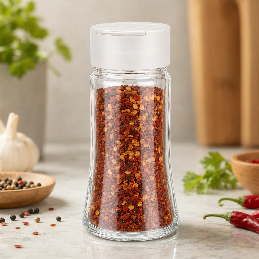 Salière en verre de 95 ml remplie de flocons de piment, couvercle en plastique blanc, double compartiment
