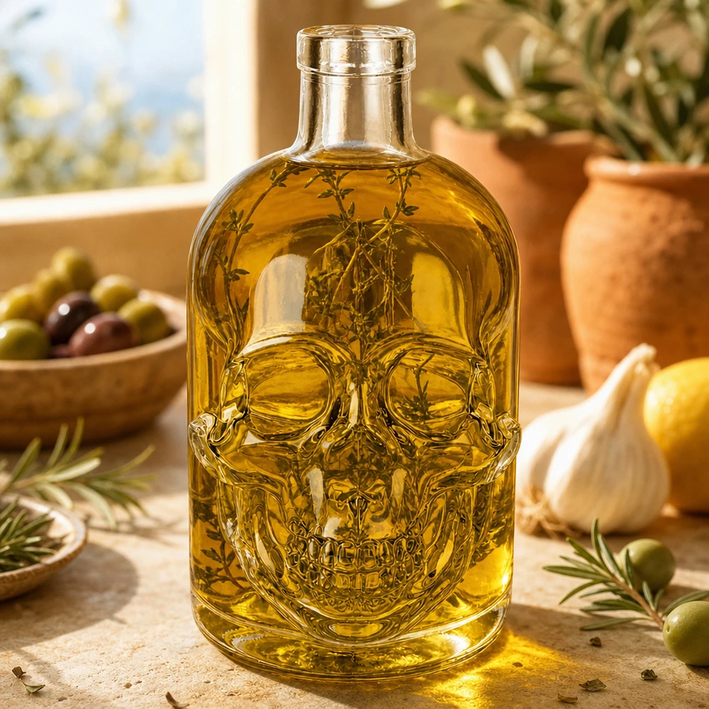 Bouteille en verre Jack de 500ml remplie d'huile d'olive Décoration de cuisine tête de mort en relief sans bouchon UNiTWIST Design en verre