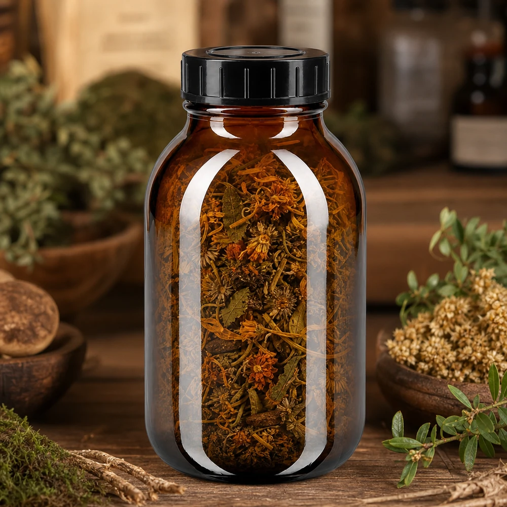 Bouteille en verre brun de 500 ml de haute qualité avec une large ouverture pour un remplissage facile des herbes.