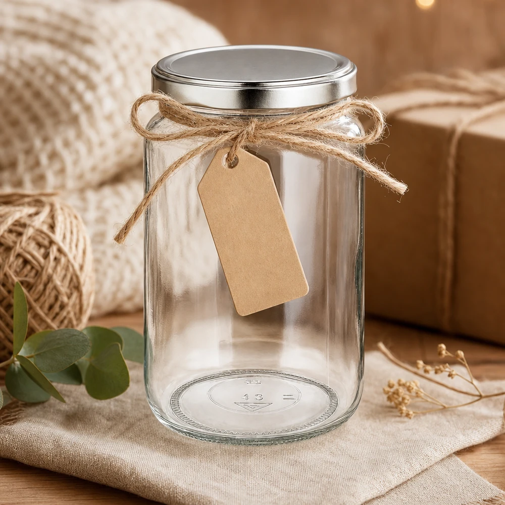 795ml Verre rond avec couvercle BasicSeal argent UNiTWIST 795ml verre rond avec couvercle BasicSeal décoratif avec corde de jute et étiquette cadeau comme emballage cadeau
