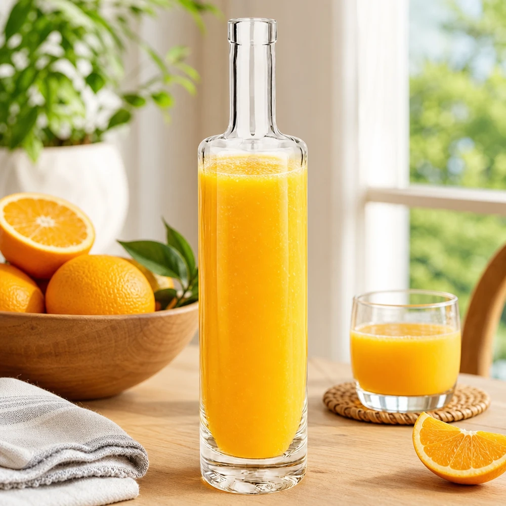 Flacon en verre 500 ml « Lina » sans bouchon UNiTWIST® 500ml Glasflasche Lina mit frischem Orangensaft gefüllt zwischen Orangen und Glas in sonniger Küchenatmosphäre Bild 7