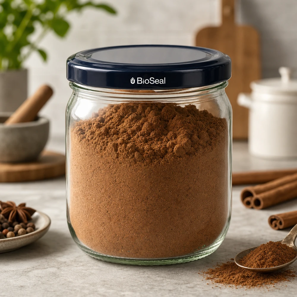 425ml Verre rond avec couvercle BasicSeal noir UNiTWIST 425ml pot rond rempli de poudre de cacao brun, couvercle noir BasicSeal, bocal de stockage dans l'environnement de la cuisine avec des épices