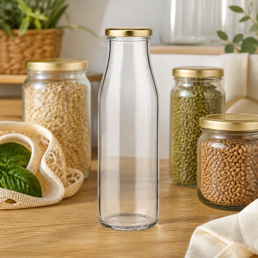 500ml Bouteille avec couvercle BasicSeal or UNiTWIST 500ml Glasflasche BasicSeal gold in moderner Küche zwischen Vorratsgläsern mit Hülsenfrüchten Zero Waste Lifestyle