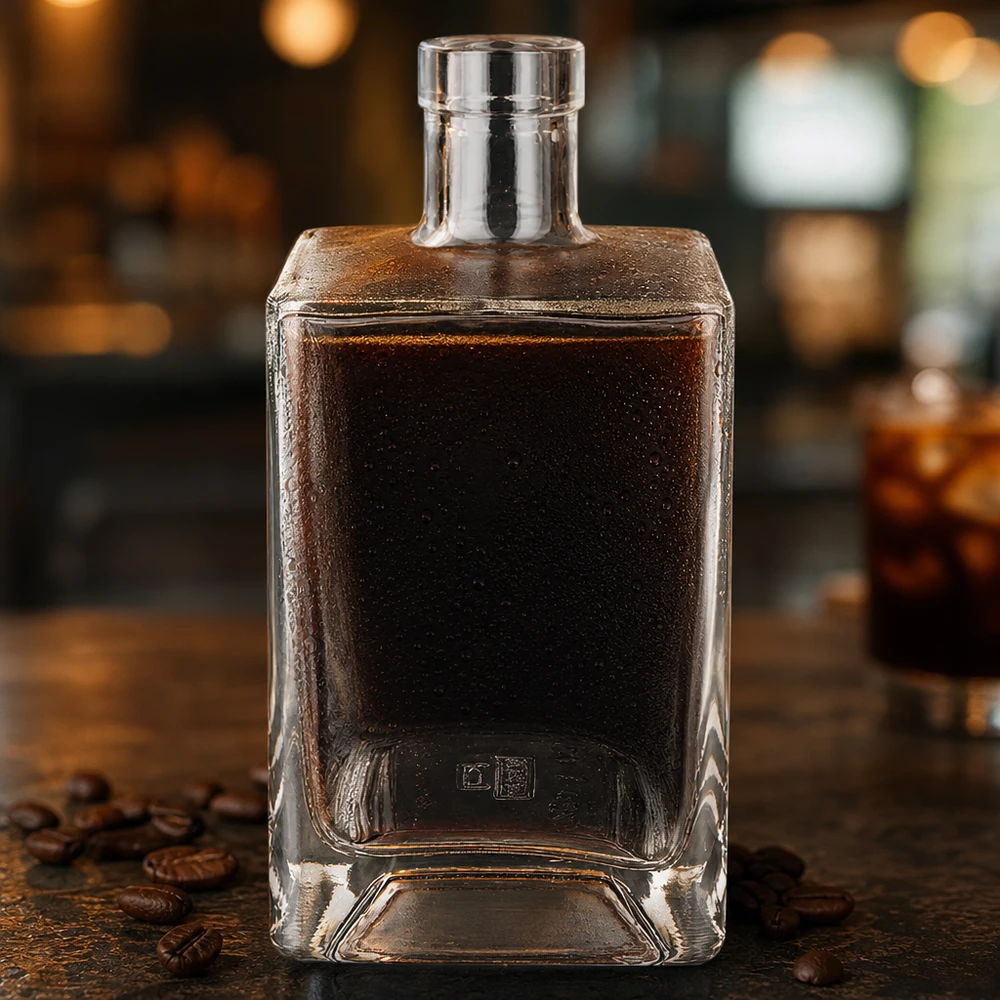 Bouteille en verre Ben de 700 ml remplie de liqueur de café sombre sur une table en bois rustique avec une atmosphère de bar à grains de café