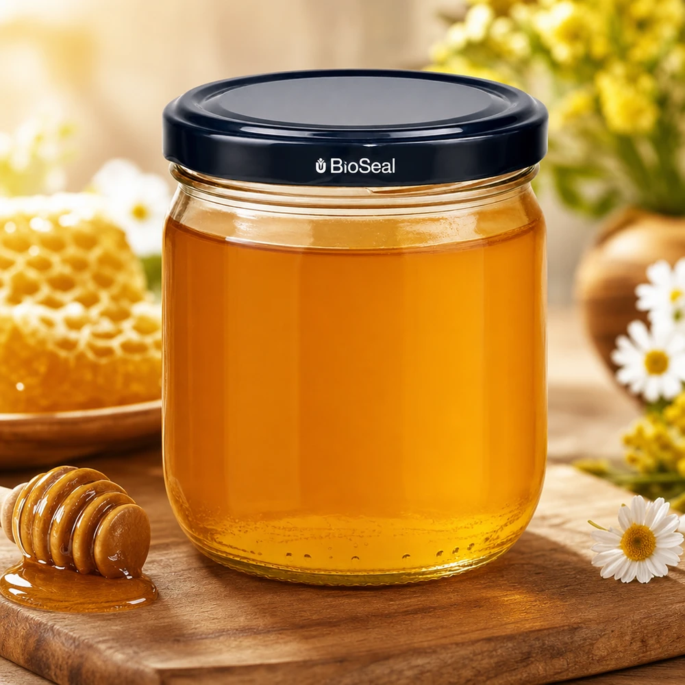 425ml Verre rond avec couvercle BasicSeal noir UNiTWIST Pot rond de 425 ml rempli de miel, couvercle noir BasicSeal, pot de miel sur planche en bois décoré de nids d'abeille et de fleurs