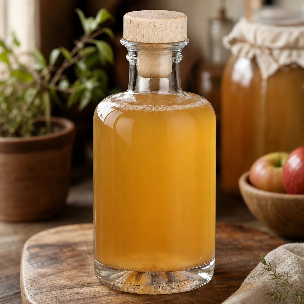 Flacon à pharmacie « Sofia » 100 ml avec bouchon en bois UNiTWIST® 100ml Glasflasche Sofia mit Holzkorken gefüllt mit Apfelsaft neben Äpfeln in warmer Küchen-Atmosphäre Lifestyle