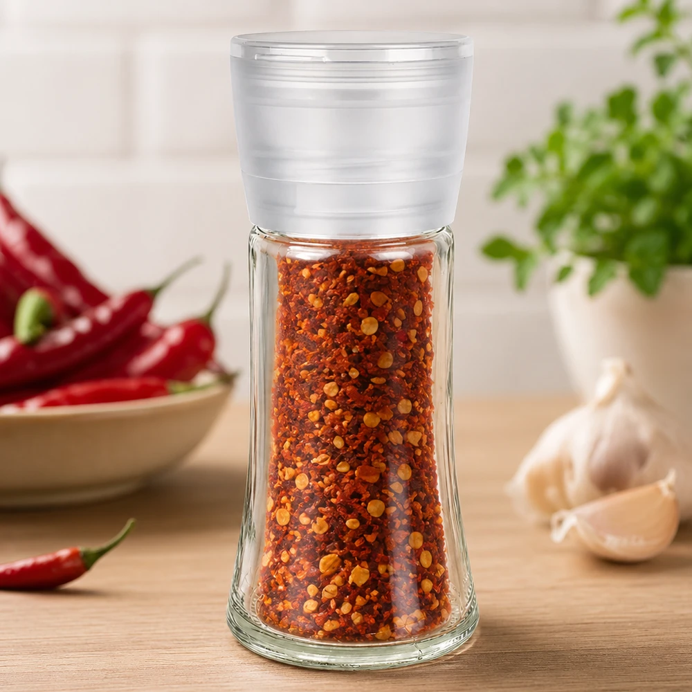 Moulin à épices en verre de 95 ml avec un couvercle en plastique blanc, rempli de poudre de piment, posé sur un socle en bois