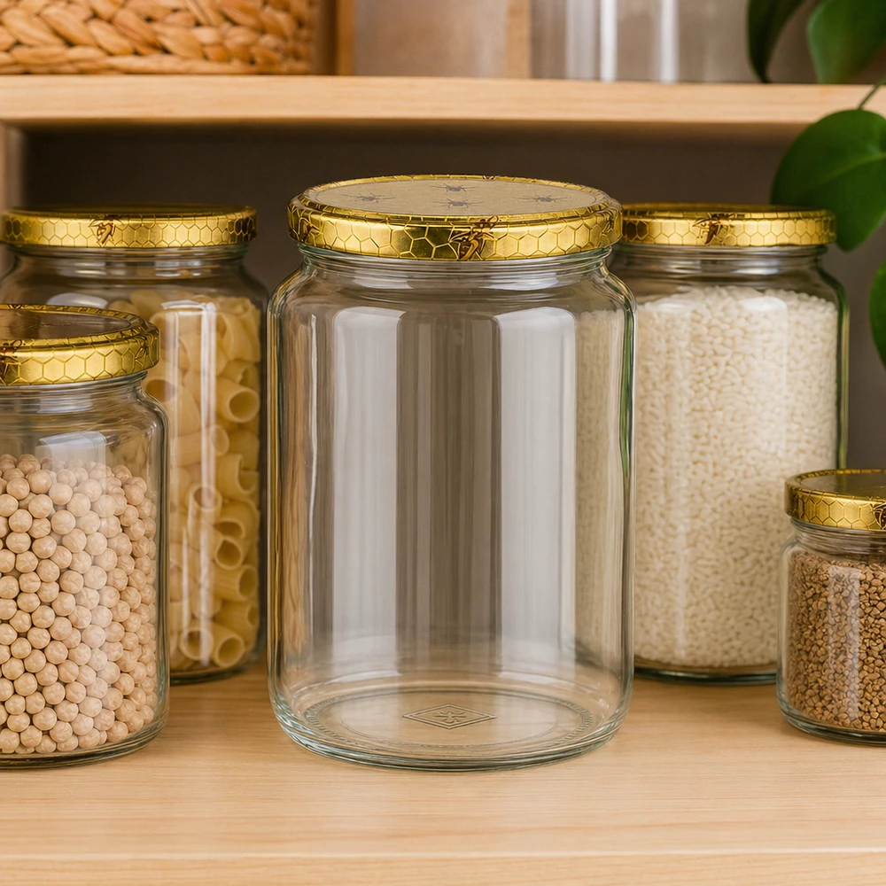 Pot à miel 1000 g avec couvercle motif rayon de miel BasicSeal UNiTWIST Pot de miel de 1000g vide avec couvercle en nid d'abeille sur une étagère de stockage entre des bocaux remplis de légumineuses et de riz.