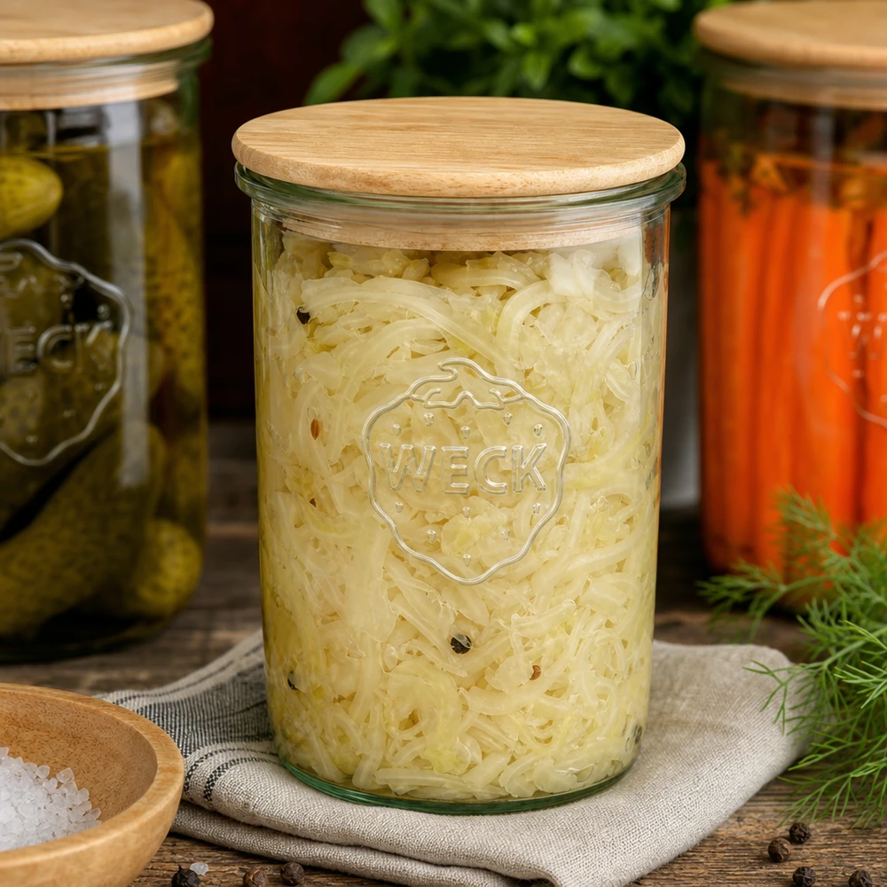 WECK Pot de conservation 1000ml rempli de choucroute et couvercle en bois à côté de cornichons et carottes marinés Fermentation