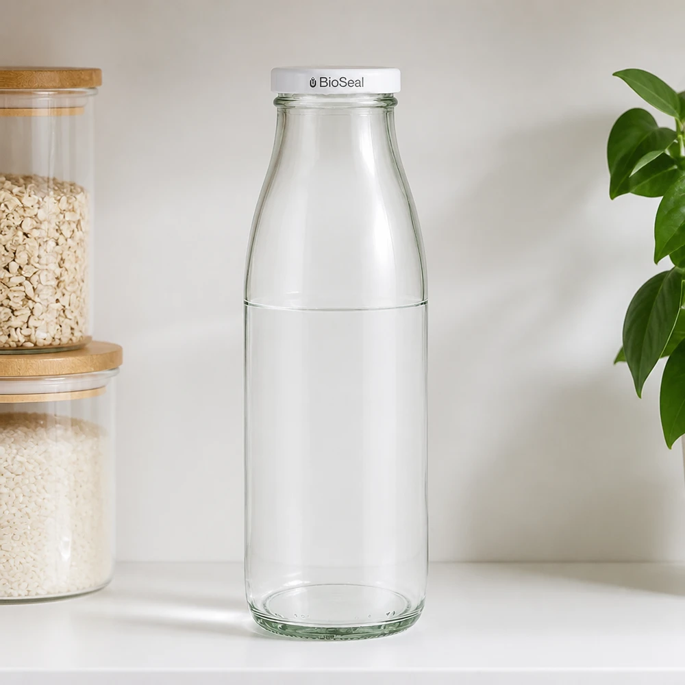 Bouteille en verre de 500 ml avec bouchon BioSeal dans l'environnement de la cuisine, à côté des bocaux de stockage de céréales et de plantes vertes