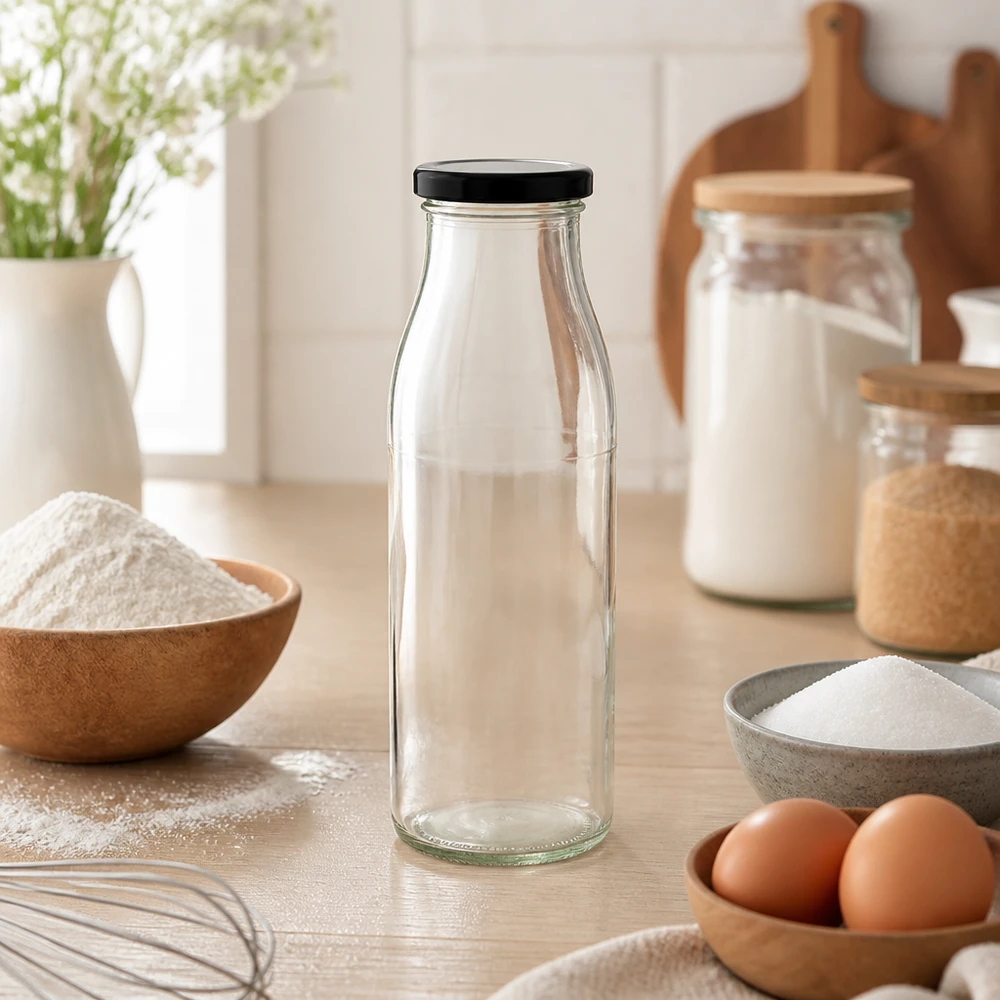 500ml Bouteille avec couvercle BasicSeal noir UNiTWIST Bouteille en verre de 500 ml avec couvercle noir dans un environnement de cuisine naturel avec des ingrédients de boulangerie et des bols en bois