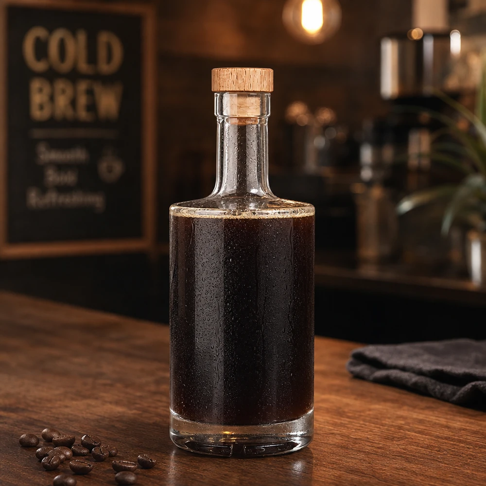 Bouteille en verre Nora de 500 ml remplie de café Cold Brew Bouchon en bois UNiTWIST Grains de café Ambiance barista rustique