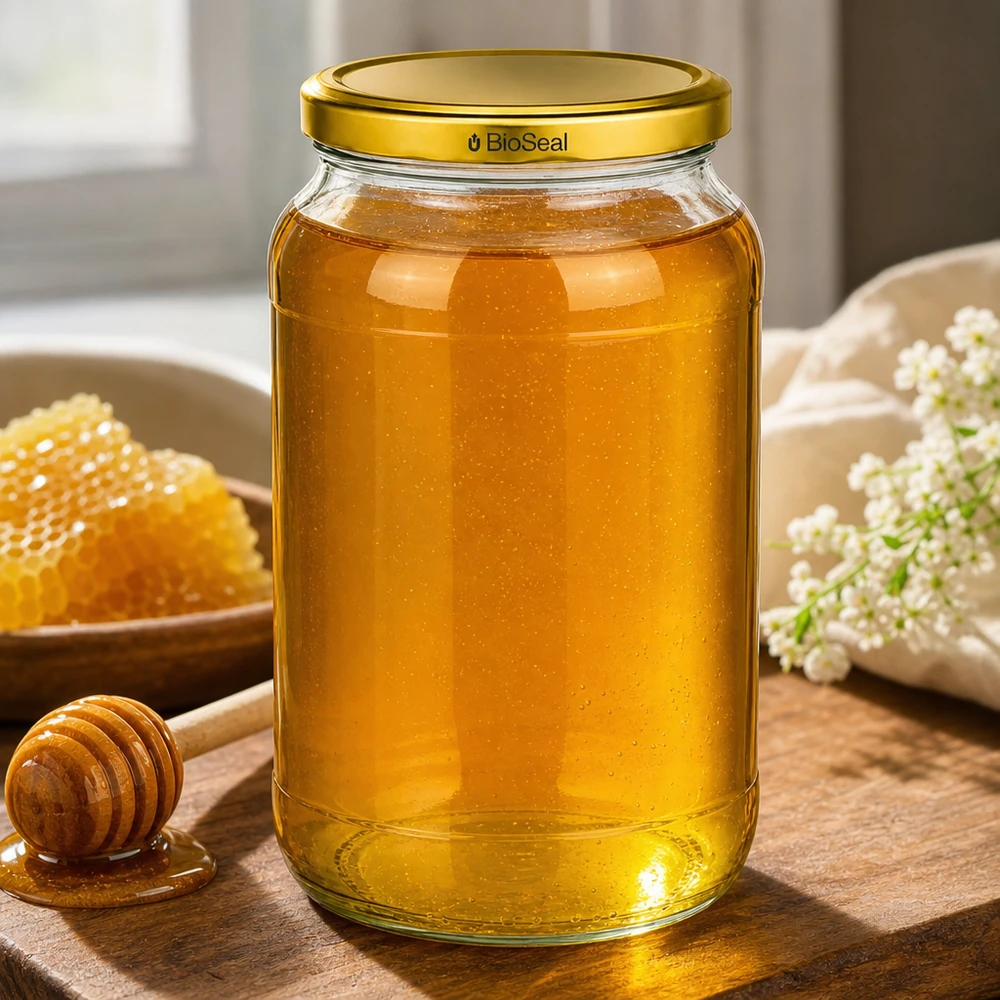 UNiTWIST Runda1062 Pot de miel rempli de miel doré TO82 BioSeal Couvercle Planche en bois Nid d'abeille Apiculture
