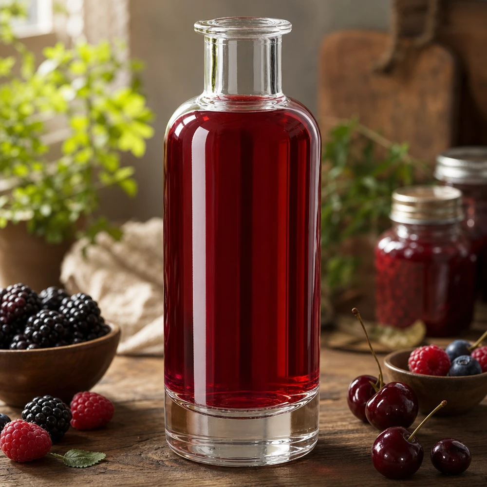 Bouteille en verre de 200ml Ella remplie de jus de baies rouges entourée de baies fraîches montre une application naturelle