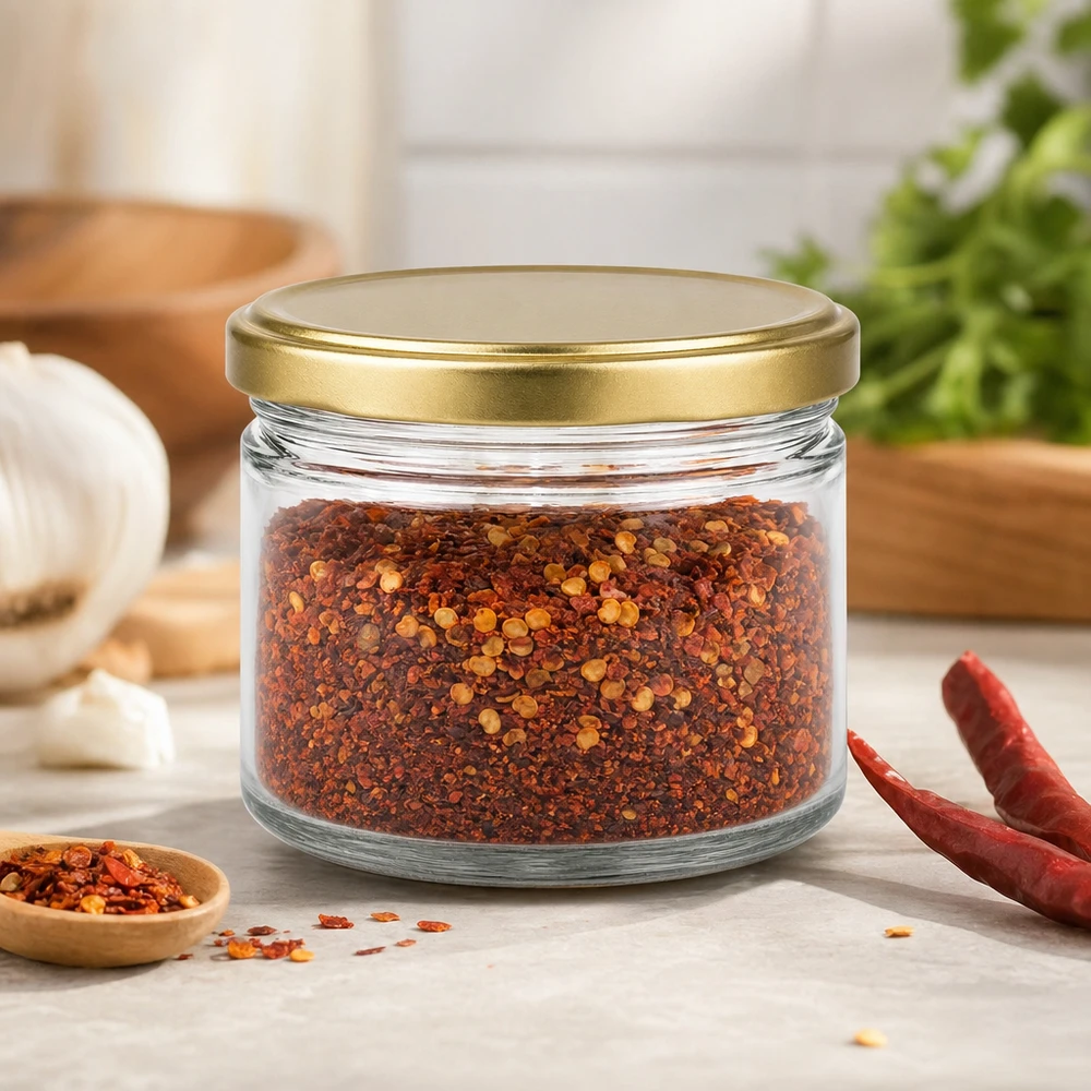 Pot à miel 700 g avec couvercle doré BasicSeal UNiTWIST Pot de miel BasicSeal de 700g avec couvercle doré rempli d'un mélange d'épices au chili à côté de piments séchés
